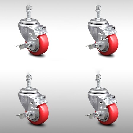 Service Caster 3.5 Inch SS Red Polyurethane Swivel 10mm Threaded Stem Caster Set Brake SCC-SSTS20S3514-PPUB-RED-TLB-M1015-4